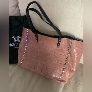 Laura Di Maggio Tote Pink Leather Embossed Travel Carry All Satchel W/Dust Bag